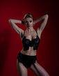 © Volodymyr - Lingerie model in sexy bra and panties. Lace black lingerie. Breast in sexy bra, natural boobs. Sensual model in sexy lingerie isolated on red studio bachground. Sensual beautiful woman face.