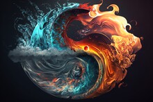 Fire Flames And Water Swirl On Black Background. Whirlpool Of Flames Of Fire And Ice Waves Dark Background. Generative AI