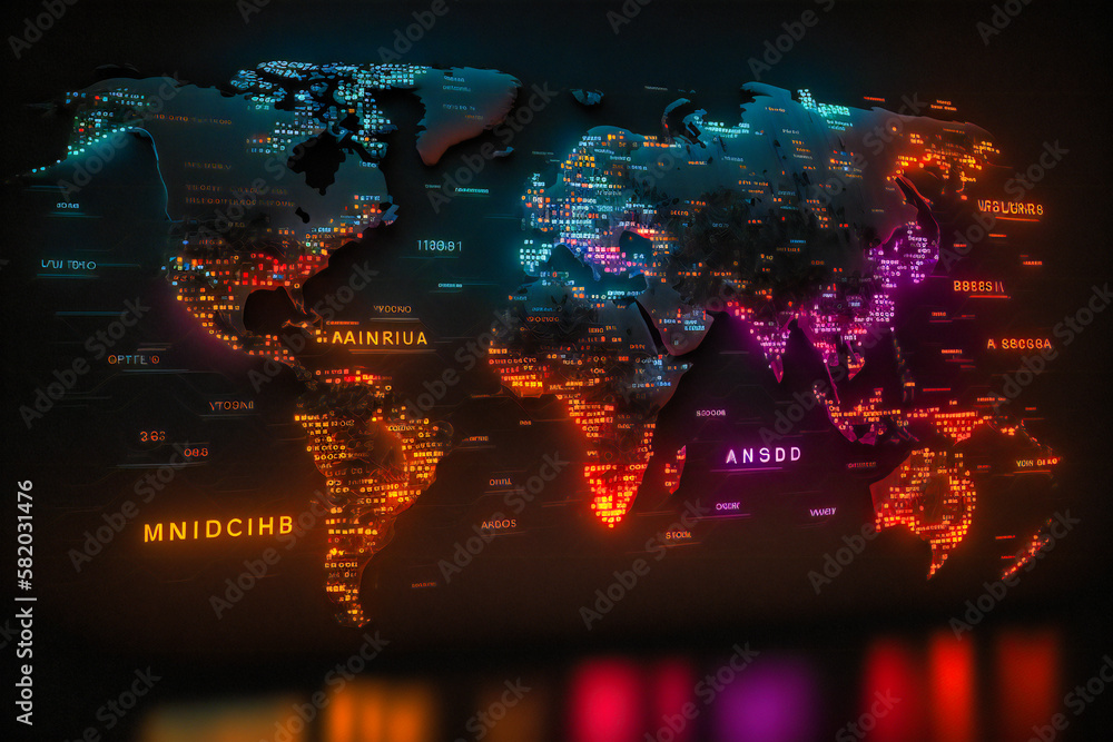 An interactive map displaying real-time data from around the world, with color-coded markers representing different metrics