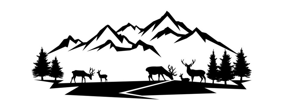 Fototapete - Black silhouette of deer mountains peaks and forest fir trees camping landscape mountain peak panorama illustration icon vector for logo, isolated on white background..