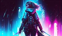 Futuristic Cyberpunk Neon Warrior Girl, Woman On Dark Futuristic Motorcycle In Night City. Generative AI