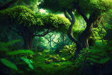 A Verdant Forest Floor With Towering Trees And Underbrush