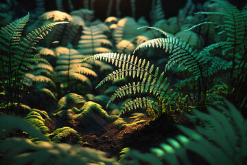 Wall Mural - A dense green forest with ferns casting shadows on the forest floor