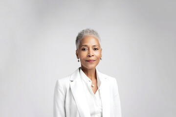 Portrait of a confident elder businesswoman in a suite on the solid white background. Copy space around.