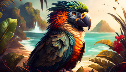 Wall Mural - Spectacular Tropical Dreamlike Avian.  Marvelous Unearthly Bird. Generative AI