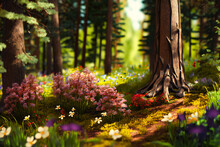Tall Trees Casting Dappled Shade Over A Forest Floor Covered In Wildflowers