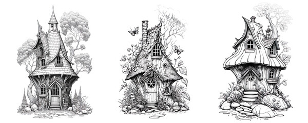 Fantasy Houses Set, Unrealistic Cartoon Drawings - Generative AI