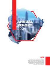 Wall Mural - Light annual report front cover page template with photo in brush hexagon frame and red accent