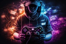 Gamer Boy With Hand Holding The Joystick Controller Illustration , Ai Generated