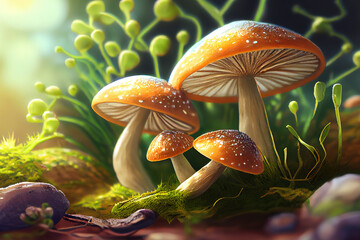 Wall Mural - Close-up Of Mushrooms Growing Outdoors. Generative Ai