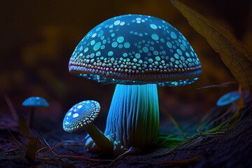 Wall Mural - Small mushroom that emits bioluminescent light at night. Generative Ai