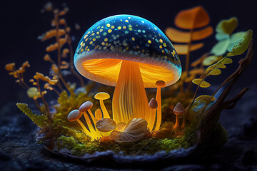 Wall Mural - Small mushroom that emits bioluminescent light at night. Generative Ai