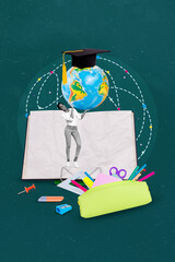 Sticker - Composite artwork creative collage photo banner advertisement geography courses advertisement girl hold globus isolated on drawing background