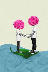 Poster - Photo cartoon comics sketch collage picture of funny friends holding hands flowers instead head isolated drawing background