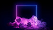 © RocknRoller Studios - Pink and Blue Neon Light with Cloud Formation. Square shaped Fluorescent Frame in Dark Environment.