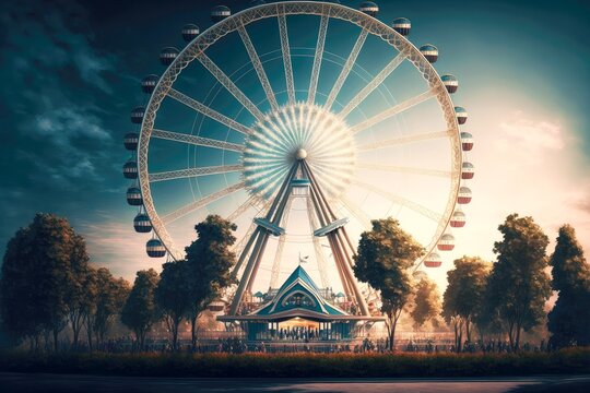 amusement park with attraction in form of huge ferris wheel, created with generative ai