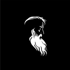 Bearded old man bust logo template, Santa Claus monument emblem, sage stamp, grandfather tattoo sketch. Hand drawing emblem on black background for body art, monochrome art. Vector illustration