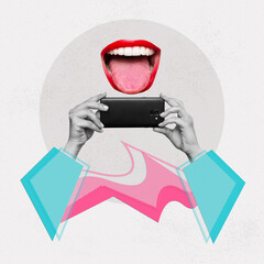 Wall Mural - Mobile phone with photo camera in female hands taking picture and woman's mouth showing tongue on white textured background. 3d trendy collage in magazine style. Contemporary art. Modern design