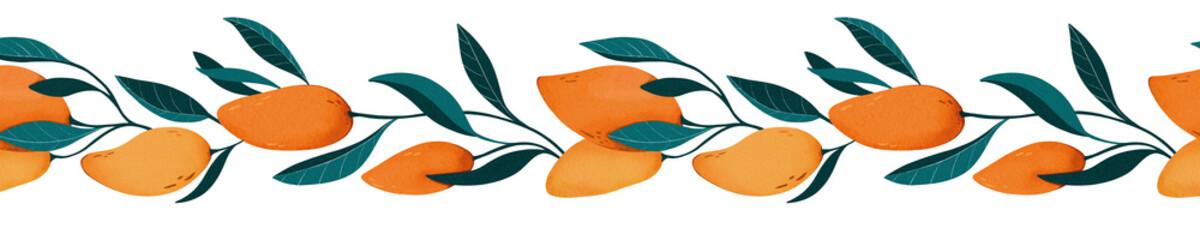 Border of mango branch with leaves. Exotic design. Digital watercolor