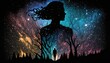 In love male silhouette dreaming about image of woman silhouette in night sky with beautiful galaxy stars landscape, sincere true love infatuation in female, lost love of life concept, generative AI