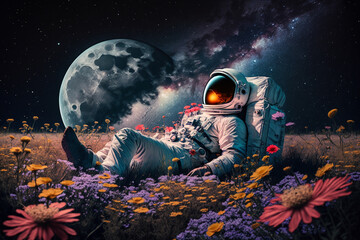 astronaut or space man relaxing on a planet on a beautiful field of flowers. freedom and creativity 