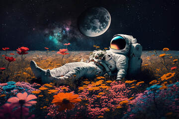 Wall Mural - astronaut or space man relaxing on a planet on a beautiful field of flowers. freedom and creativity 