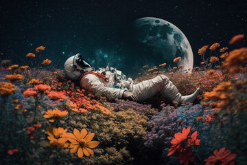 Wall Mural - astronaut or space man relaxing on a planet on a beautiful field of flowers. freedom and creativity 