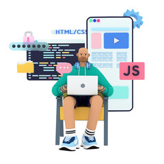 Wall Mural - programmer or coder working on computer. beard handsome man programming on html, python, javascript 