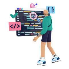 Wall Mural - programmer, coder, tester searching bugs in code. beard handsome man programming and autotesting on 