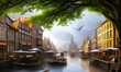 Ilustracja inspirowana starą europą, stare miasto, klasyczne zabudowania, kanał z wodą, drzewo. Wygenerowane przy pomocy AI.