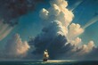 Epic beautiful storm clouds over sea horizon at sunset. Sailing ship in rays of light. Generative ai illustration in style of an old oil painting.