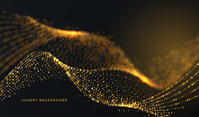 Futuristic cyber big data technology and science vector with particles gold dots. Glowing abstract internet stream background. Neon explosion splash blurred waves shapes design.	

