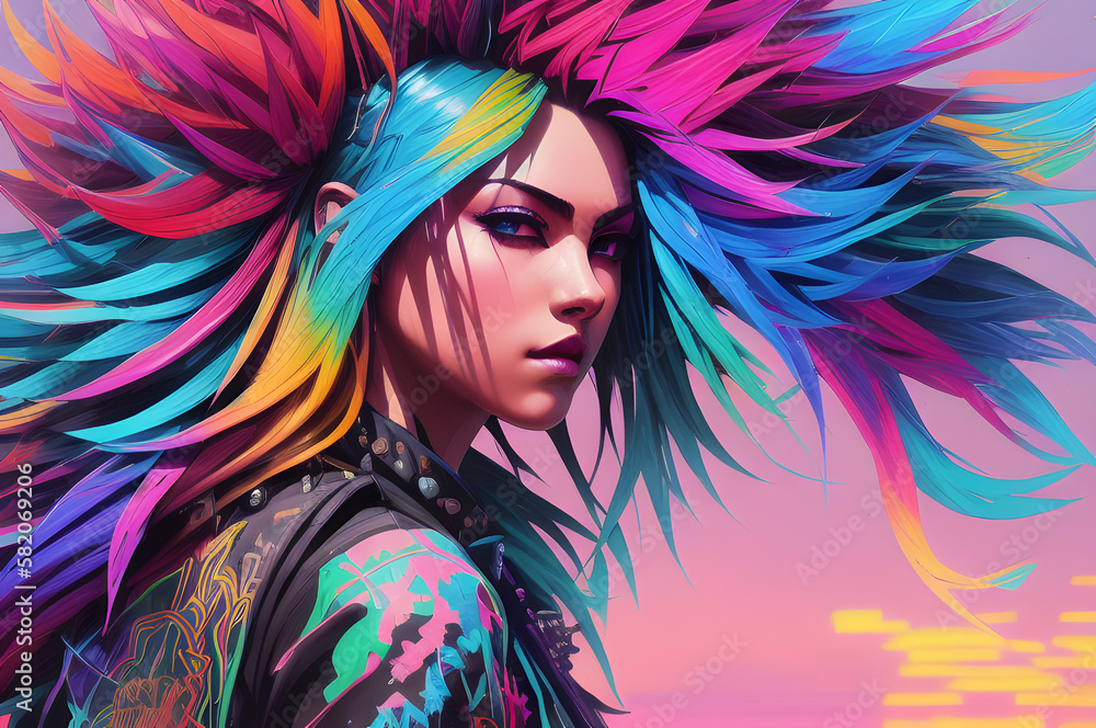 Female cyberpunk portrait, a woman with long colorful hair. Generative ...