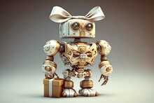 Happy Holidays From The Cute Robot In A Diamond-Bow-Tie Tuxedo: A Creative And Colorful Christmas Illustration On White Glazy Background!, Generative Ai