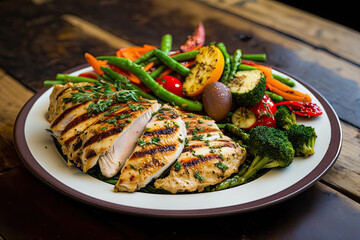 Healthy balanced meal of grilled chicken and fresh vegetables. Generative AI