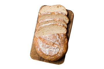 Wall Mural - Freshly baked bread slices on cutting board isolated on white background . top view Sliced bread