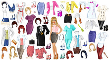 Cute Cartoon Career Paper Doll With Outfits, Hairstyles And Accessories. Vector Illustration