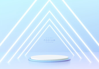 3D realistic white and blue cylinder pedestal podium background with glowing neon light triangles tunnel. Wall minimal scene mockup products, Stage showcase, Promotion display. Abstract vector room.