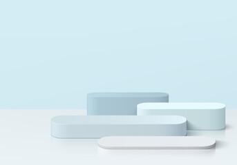 Set of steps 3D realistic white and blue round pedestal podium background. Abstract vector geometric platforms. Wall minimal scene, Empty mockup products for stage showcase, Banner promotion display.