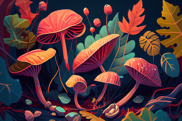 Wall Mural - Mushrooms growing amidst fallen leaves in autumn forest. Generative Ai