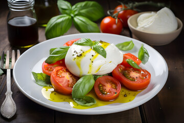 Wall Mural - Delicious italian caprese salad with tomatoes, mozarella, basil leaves, olive oil. Tasty delicious burrata cheese with fresh tomatoes. Pesto sauce ingredients pine nuts. Generated AI