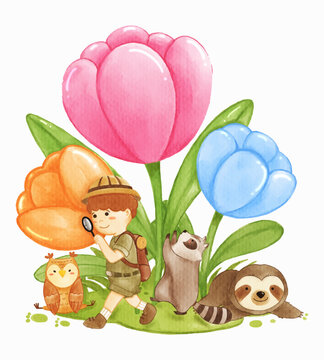 Fototapete - Giant tulip flowers with wildlife animals owl raccoon sloth bear and adventure boy . Realistic watercolor paint with paper textured . Cartoon character design . Vector .