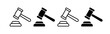 Judge's gavel. Silhouette, black, judicial hammer icon set. Vector icons.