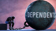 Dependents - a gigantic and unmovable weight chained to a vulnerable and suffering person in pain, misery and helplessness. Cold and tragic condition created by Dependents ,3d illustration