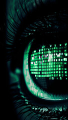 Wall Mural - close up of a cybernetic eye with matrix style pupil, dark and green atmosphere