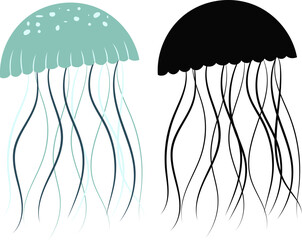 Wall Mural - jellyfish on a white background with a silhouette isolated, vector