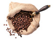 Scoop of coffee beans in a bag on white background. Coffee in scoop isolated. Top view of coffee.