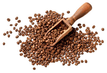 Wall Mural - Scoop of coffee beans on white background. Coffee in scoop isolated. Top view of coffee.