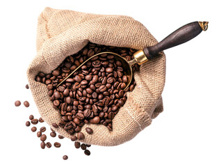 Wall Mural - Scoop of coffee beans in a bag on white background. Coffee in scoop isolated. Top view of coffee.