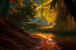 Ilustracja inspirowana jesienią, las, rzeka, golden hour, wieczorne światło. Wygenerowane przy pomocy AI
